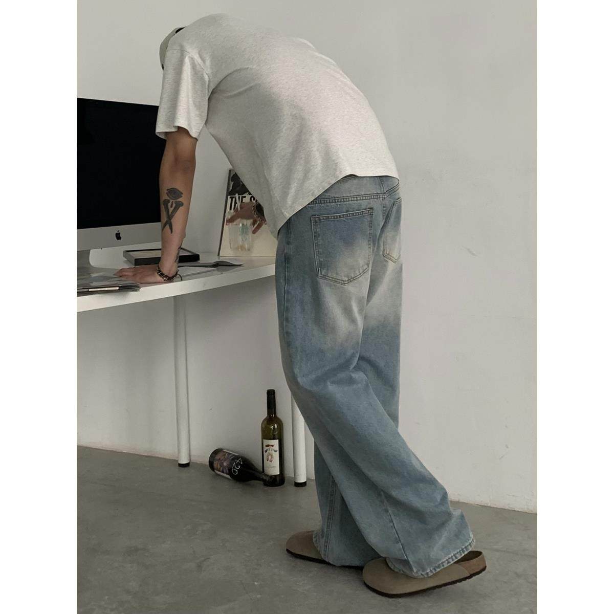 INKNOTS美式复古vintage水洗直筒浅蓝色牛仔裤男女cleanfit裤子潮