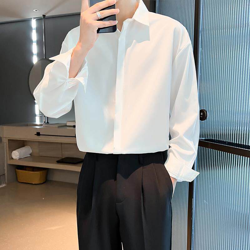 长袖衬衫男免烫春秋高级感男装痞帅潮流休闲上衣很仙垂感白色衬衣