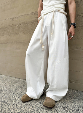 DBW Doublewin白色阔腿休闲裤男小众设计宽松垂感弯刀型工装裤子