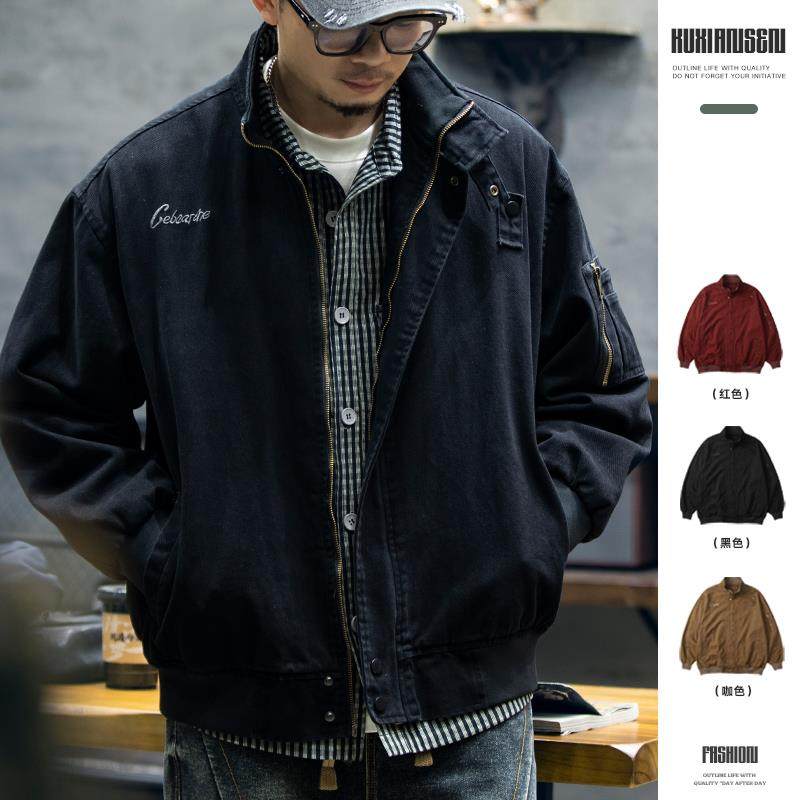 纯棉美式立领工装夹克男秋季宽松潮牌刺绣复古上衣男士棉衣外套潮