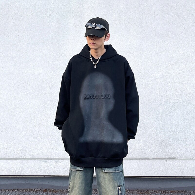 春季美式复古人物印花设计感潮牌高街宽松重磅痞帅连帽卫衣外套男