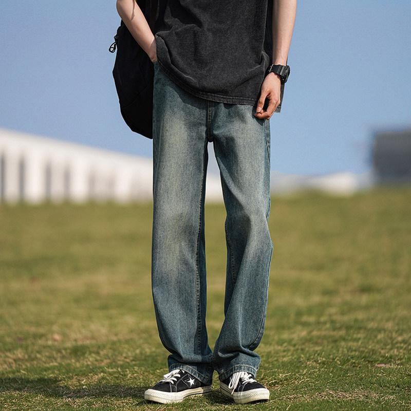 牛仔裤男款春秋季美式复古直筒长裤宽松潮牌潮流水洗做旧休闲裤Y