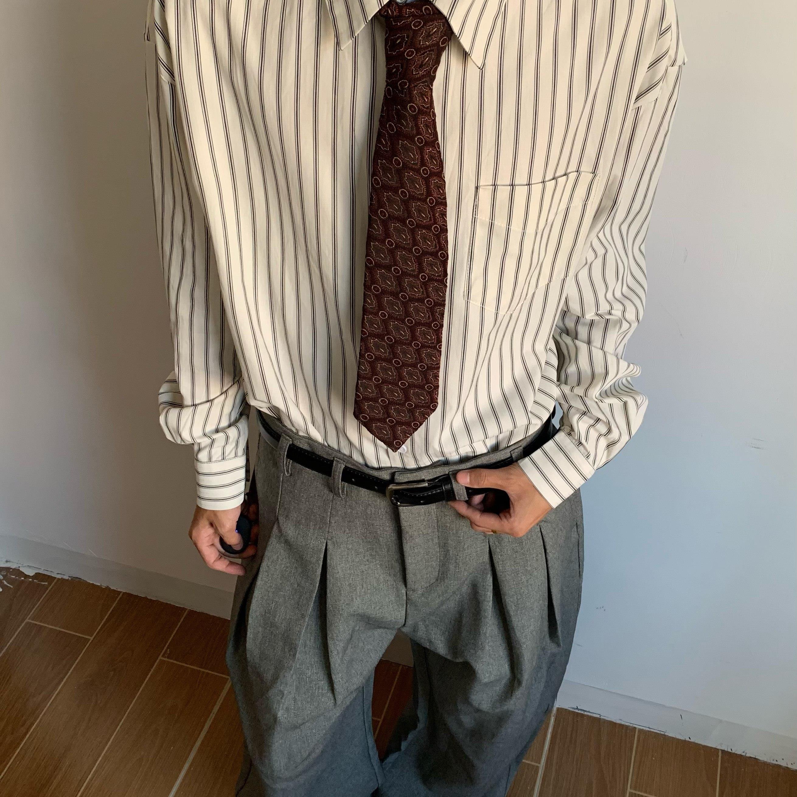 Base美式复古小众休闲条纹白色长袖衬衫男女宽松慵懒风衬衣外套