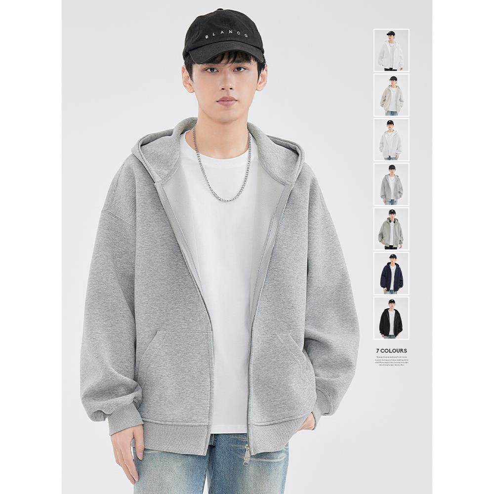 HomePanda灰色重磅连帽双拉链卫衣男春秋款美式潮牌开衫休闲外套