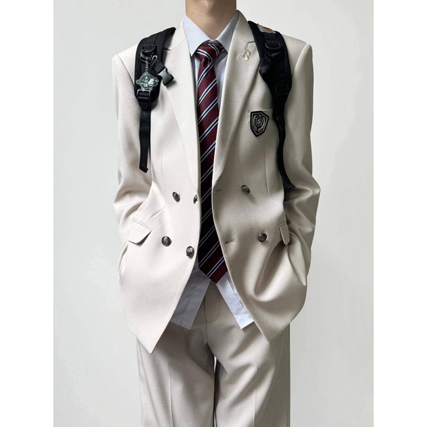 木村叔dk日系校供感米白色西装制服男春秋季青少年双排扣西服套装