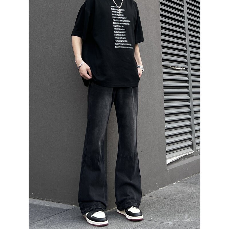 COCKTAIL水洗微喇叭牛仔裤男潮牌破坏vintage黑色直筒长裤