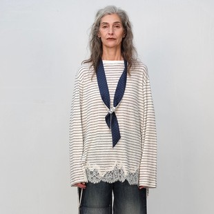 条纹蕾丝拼接系绳百搭休闲长袖 方圆亚麻经典 T恤 CIRCLE SQUARE