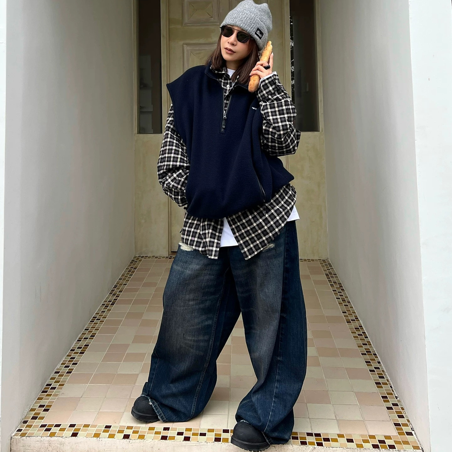 摇粒绒格纹拉链夹克外套马甲