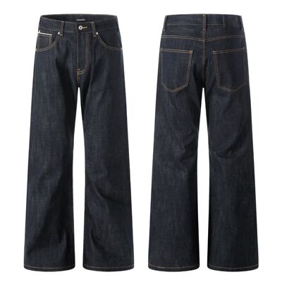 11KN美式赤耳牛仔裤男女复古重磅直筒立体A字修身显瘦微喇休闲裤