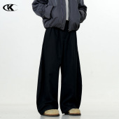 男女廓形裁剪宽松简约潮显瘦休闲阔腿长裤 11KN美式 纯黑色弯刀西裤