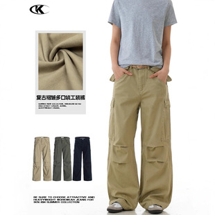 Vintage直筒裤 男女街头宽松百搭设计感 裤 11KN复古多口袋褶皱工装