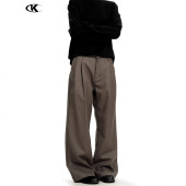 11kn老钱风复古棕色直筒条纹西裤 男女潮感宽松立体褶皱休闲裤