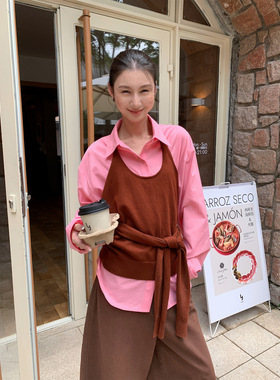 NEIHE内赫毛织真两件绑带吊带时尚两件套衬衫女秋季新款257000