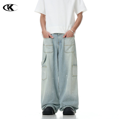 11KN美式做旧泼墨牛仔裤男女宽松显瘦潮正反两穿宽松阔腿工装长裤