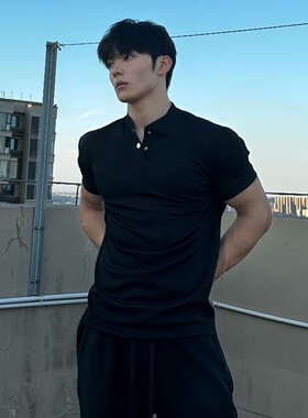 夏季收袖口新中式POLO衫短袖亨利领弹力快干透气运动健身男士T恤