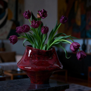 大丹陶瓷正品 故宫墙红色花瓶客厅餐桌玄关摆件景德镇艺术感敞口