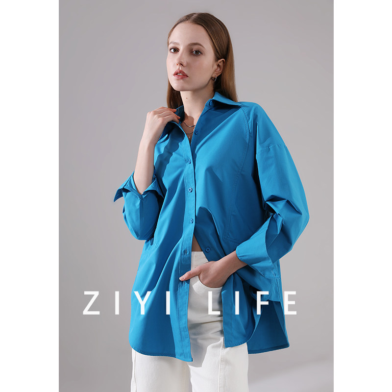ZIYI LIFE立体剪裁克莱因蓝设计抗皱宽松长袖外套百搭蓝衬衫衬衣