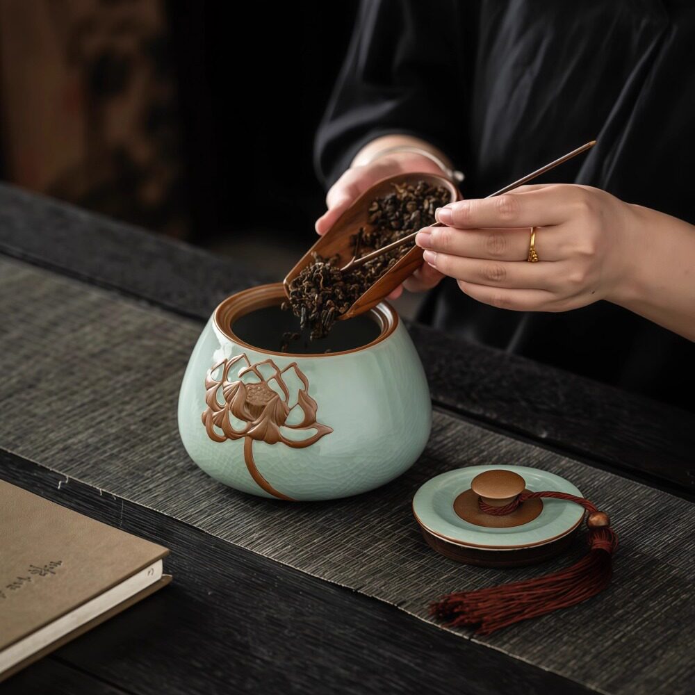 汝窑开片浮雕密封半斤茶叶罐