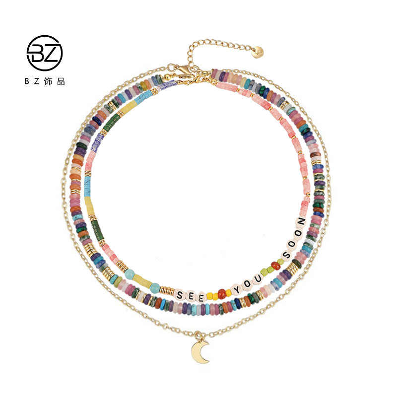 王源同款彩色飞盘天然宝石串珠项链男女夏双层叠戴轻奢小众高级感