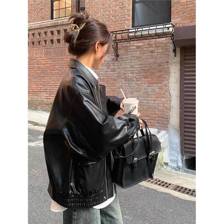复古棕色皮衣女短款2026春秋季小个子韩版宽松皮夹克帅气机车外套