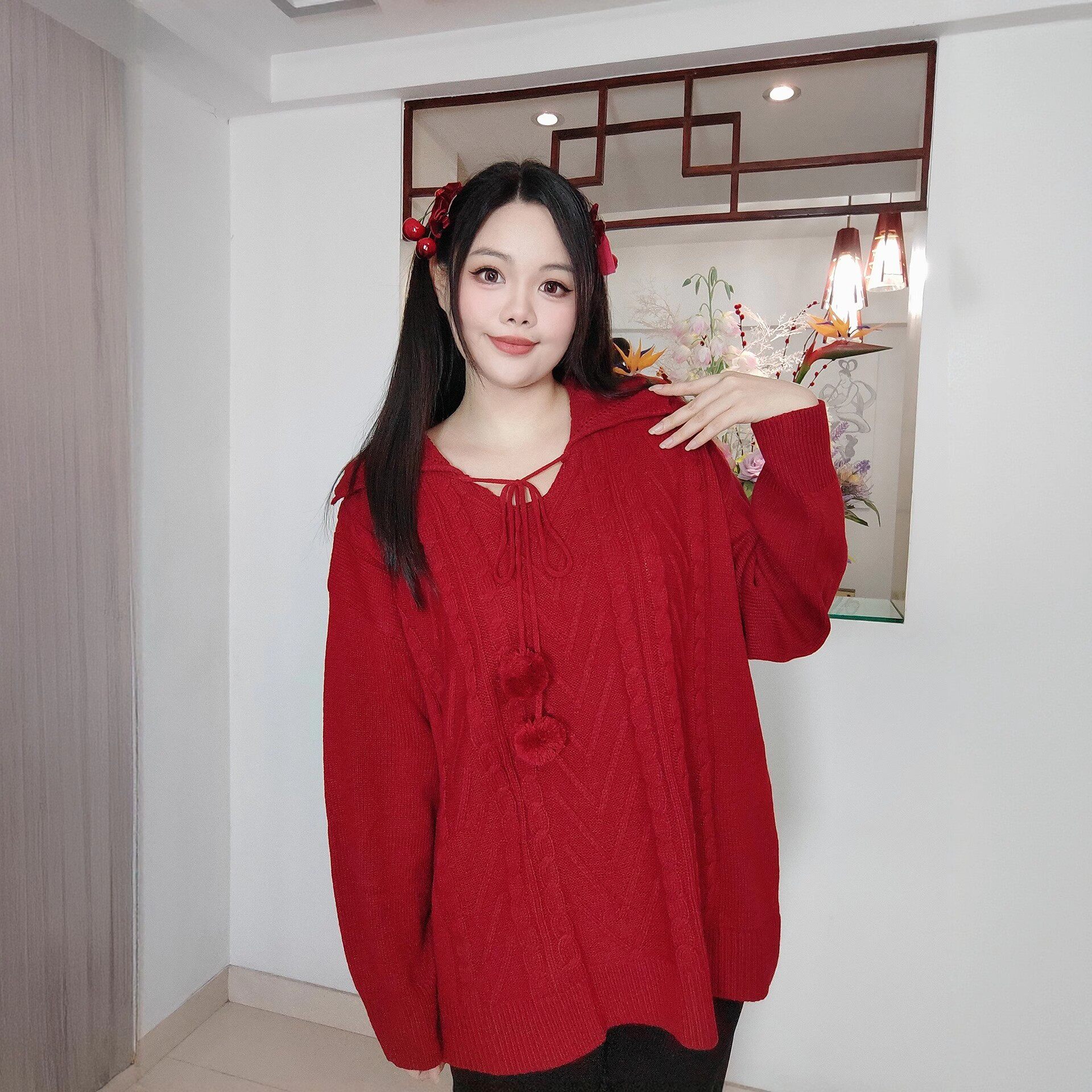 胖薯大码女装甜美红色麻花针织衫显瘦遮肉减龄休闲慵懒风毛衣秋冬