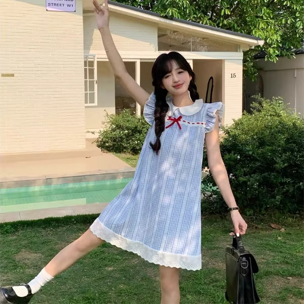 胖薯大码飞飞袖条纹连衣裙女夏季娃娃领甜美裙子遮肚显瘦a字短裙