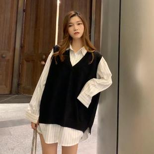 胖薯大码春秋韩版2022新款宽松无袖V领针织毛衣背心马甲叠穿马夹