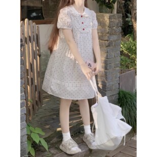 胖薯大码甜美可爱小波点娃娃领短袖连衣裙女2025夏季新款宽松显瘦