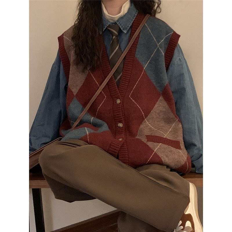 胖薯大码民族风复古菱格针织马甲开衫秋冬新款宽松百搭毛衣外套