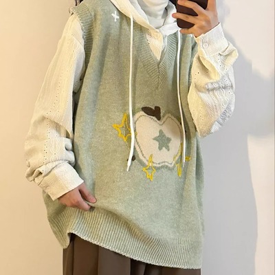 胖薯大码秋冬日系复古软糯苹果提花V领针织衫马甲叠穿毛衣背心女