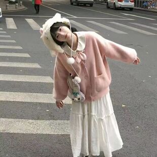 胖薯大码秋冬季日系软妹奶fufu粉色开衫毛衣显瘦针织衫外套上衣女