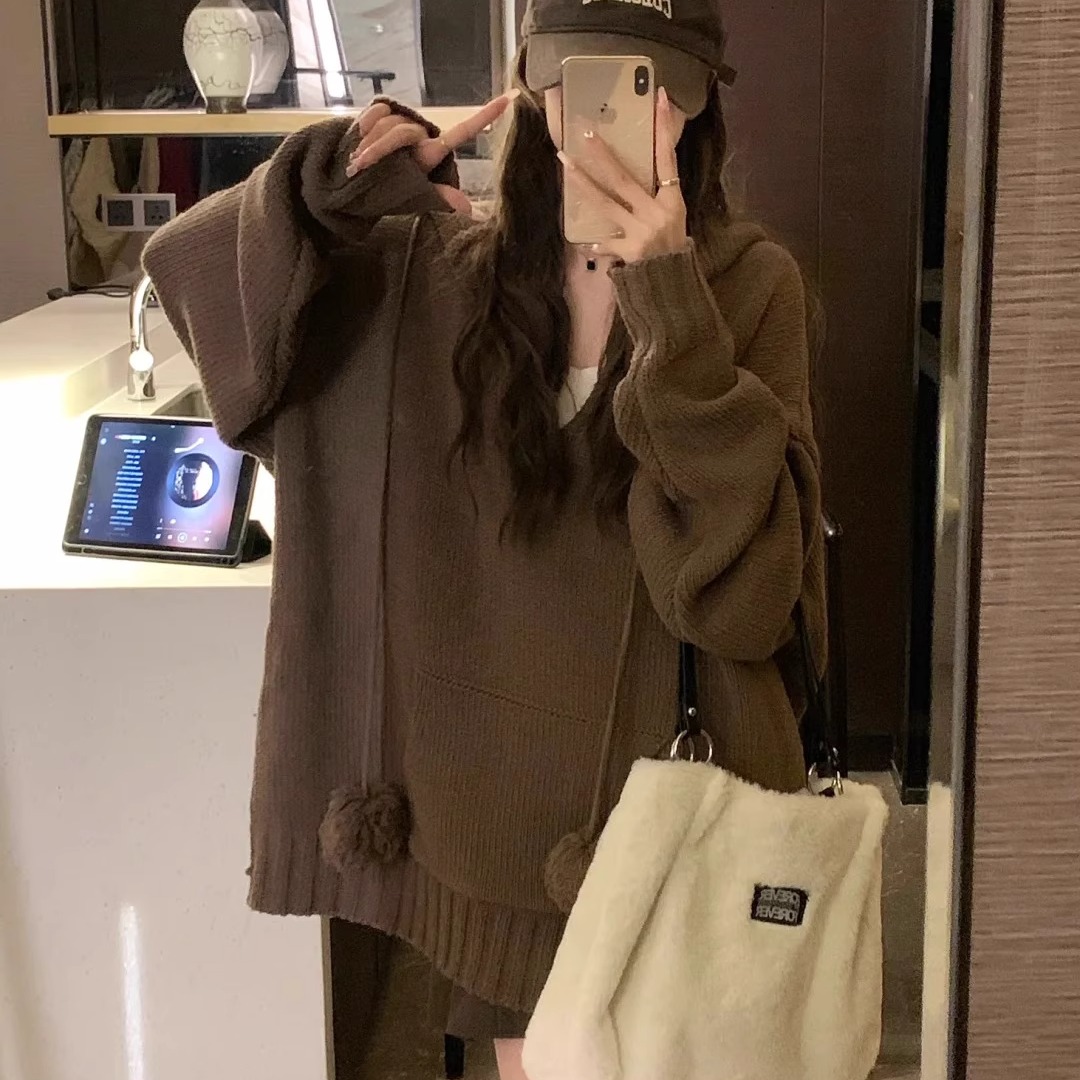 胖薯大码美拉德复古麻花毛衣女2025秋冬慵懒风毛绒绒宽松针织上衣
