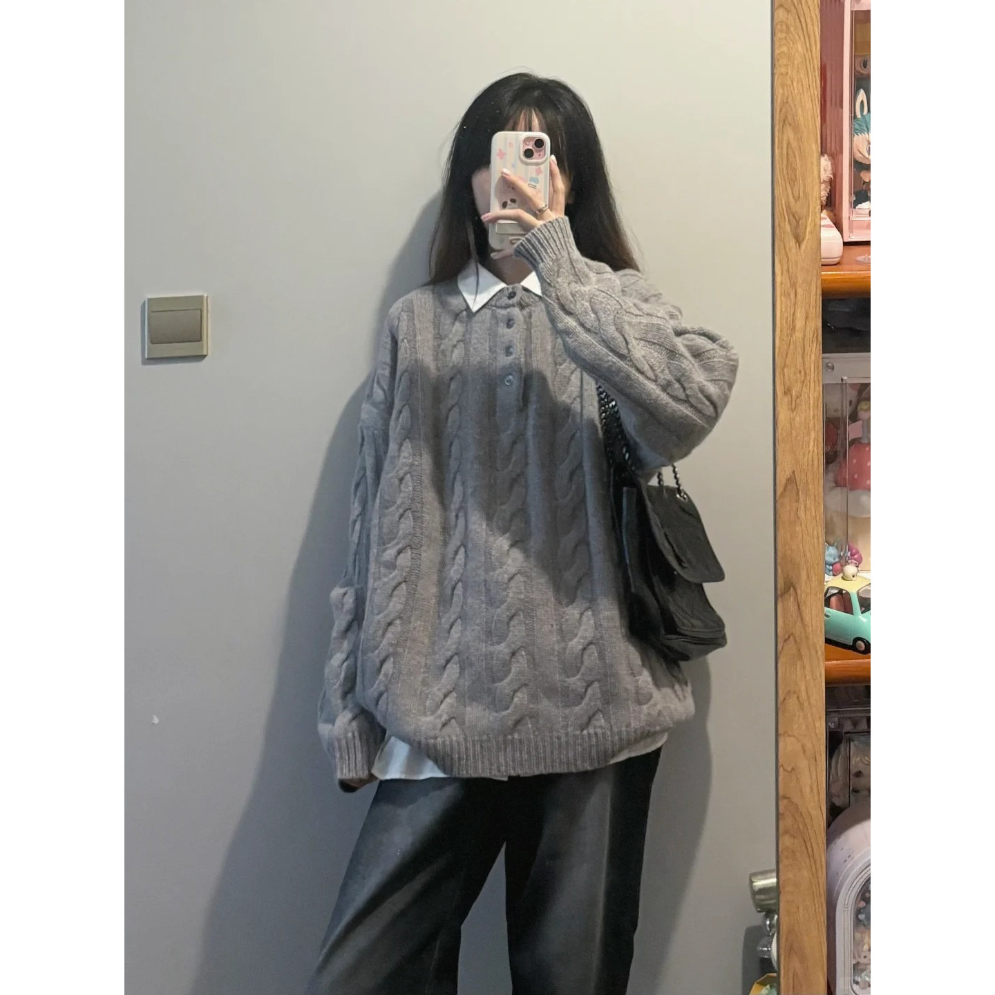 胖薯大码高级感灰色麻花毛衣外套女秋冬宽松慵懒风休闲针织衫上衣
