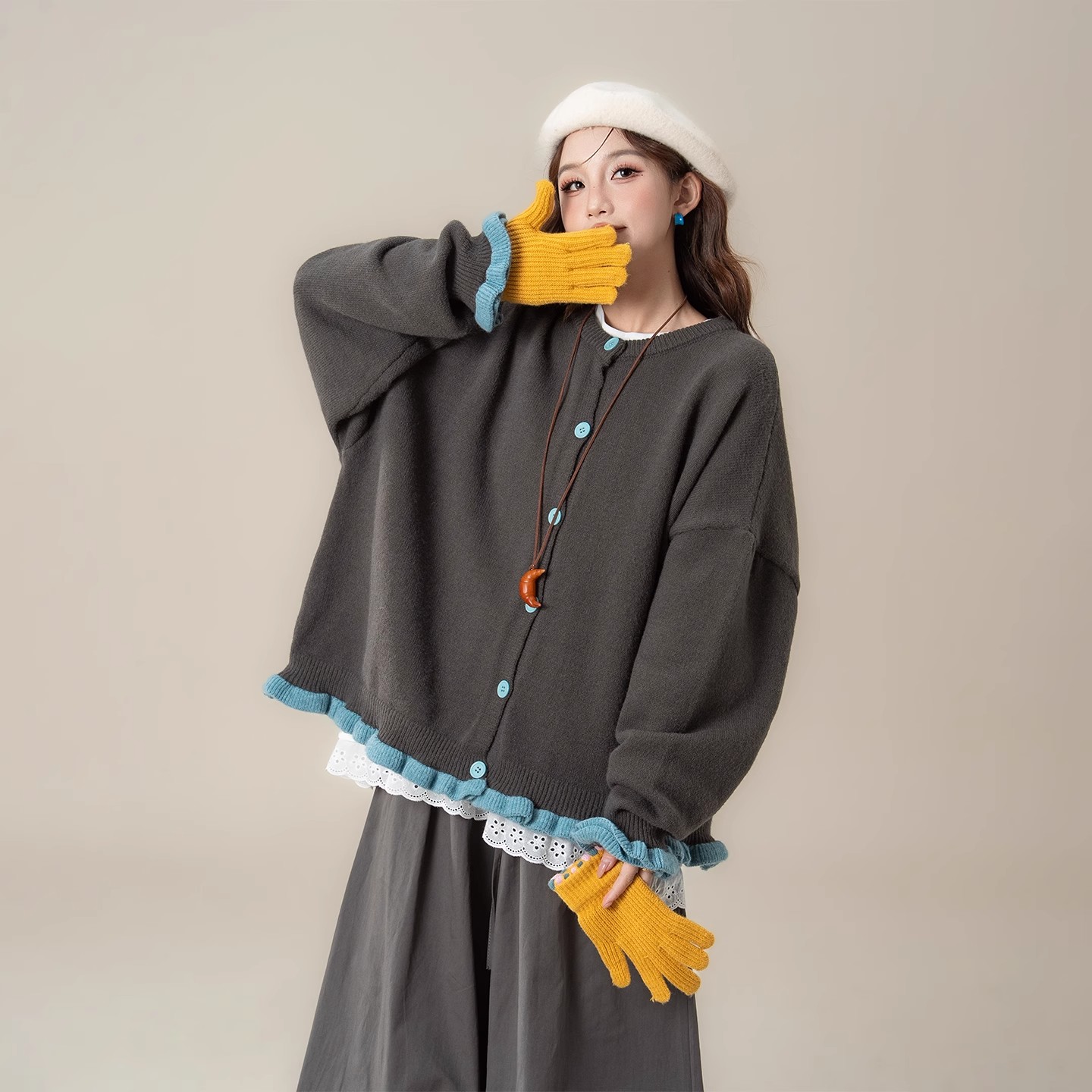 胖薯大码灰蓝色木耳边毛衣外套女冬季新款刺绣拼接针织衫百搭显瘦