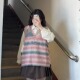 胖薯大码 复古学院风彩色条纹针织衫 女毛衣条纹马甲背心衬衣两件套