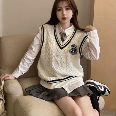 胖薯大码学院风套装JK制服毛衣马甲背心衬衣高腰灰百褶裙三件套女