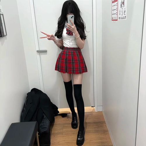 胖薯大码JK制服套装收腰修身短袖衬衫百搭小辣椒短裙格裙夏季款女