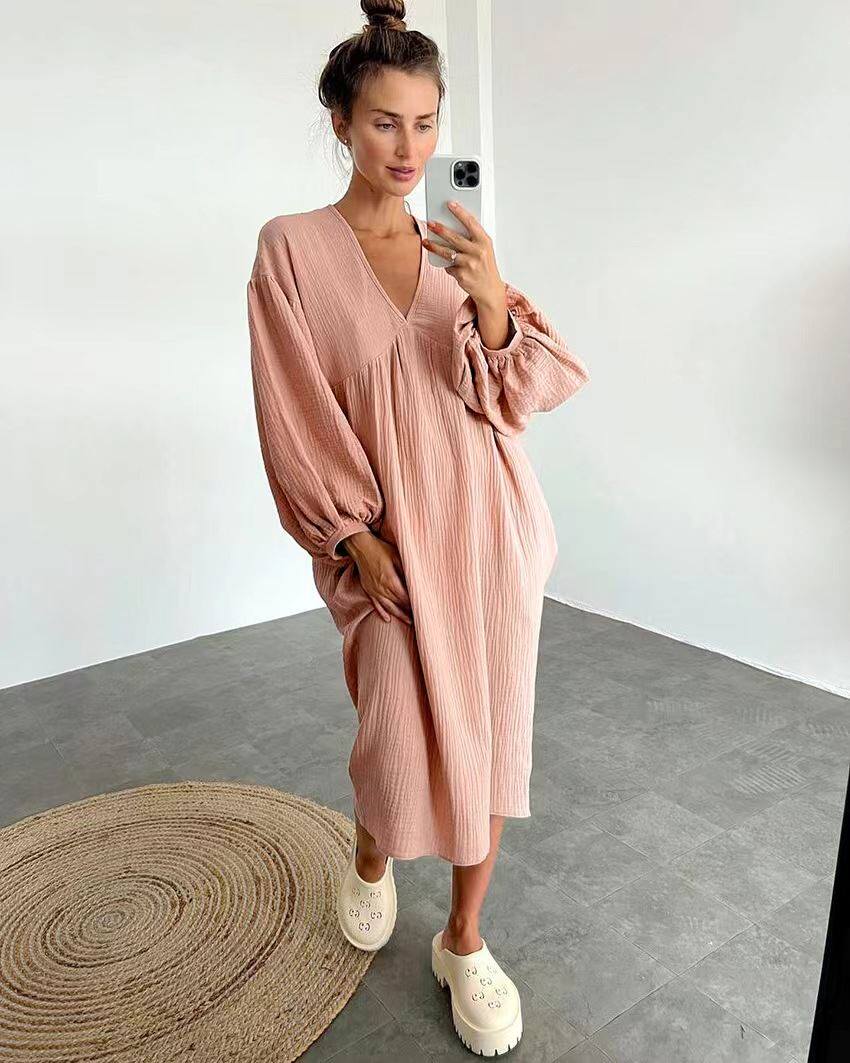 欧美风2023新款女装长袖V领宽松连衣裙居家服 V-neck loose dress