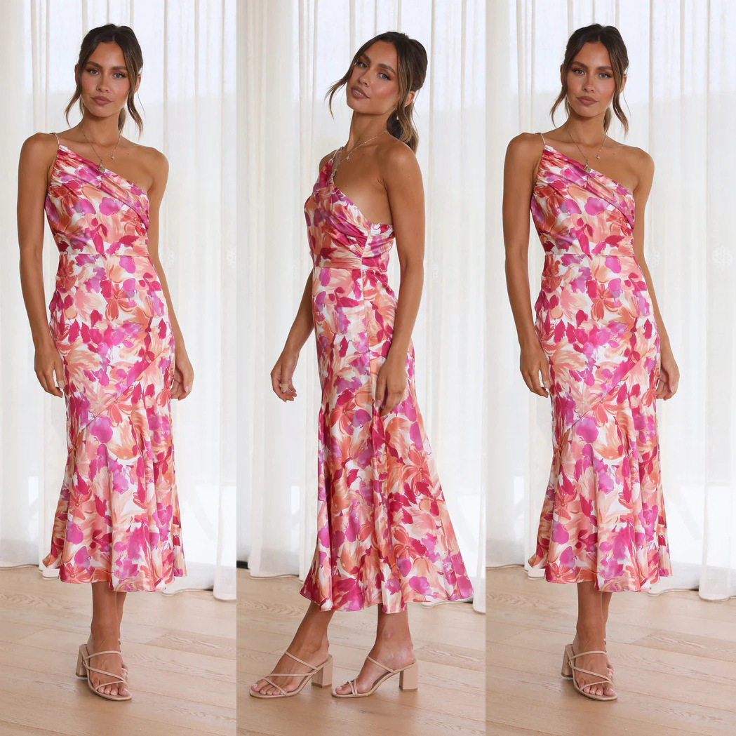 Summer New Diagonal Neck Strap Fishtail Print Dress