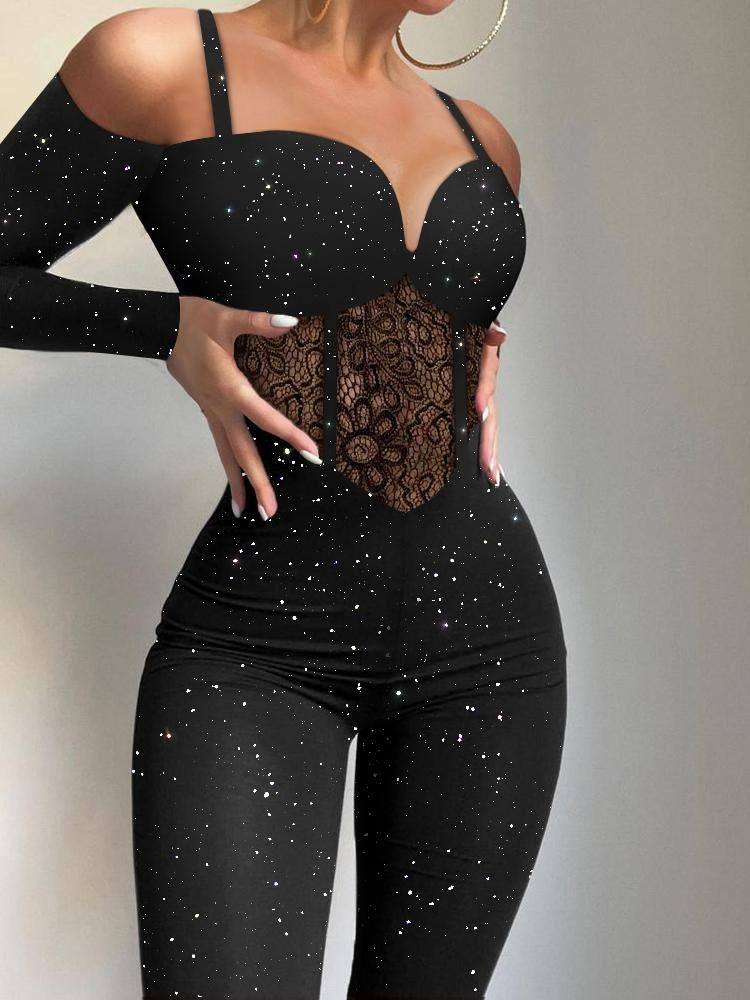 Glitter Cold Shoulder Contrast Lace Corset Jumpsuit连衣裤女