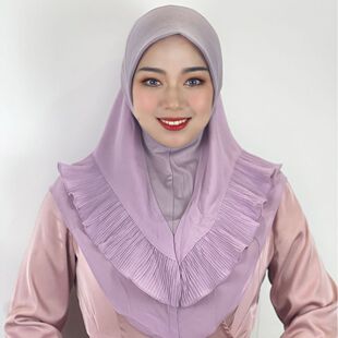 双层纱巾雪纺马来印尼女头巾褶皱卷边荷叶木耳边包头帽Head scarf