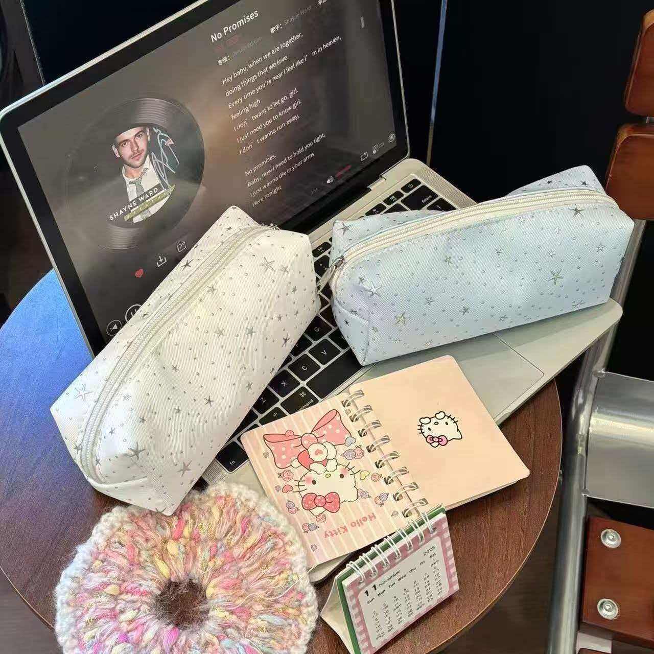 星星波点笔袋ins风大容量拉链文具袋简约可爱帆布笔袋学生收纳袋