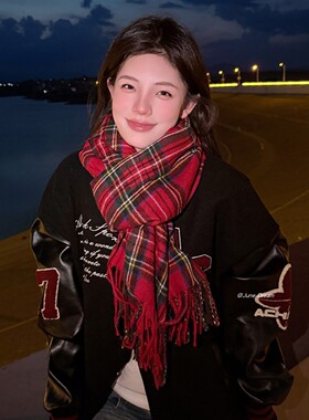 韩版圣诞红色格子围巾