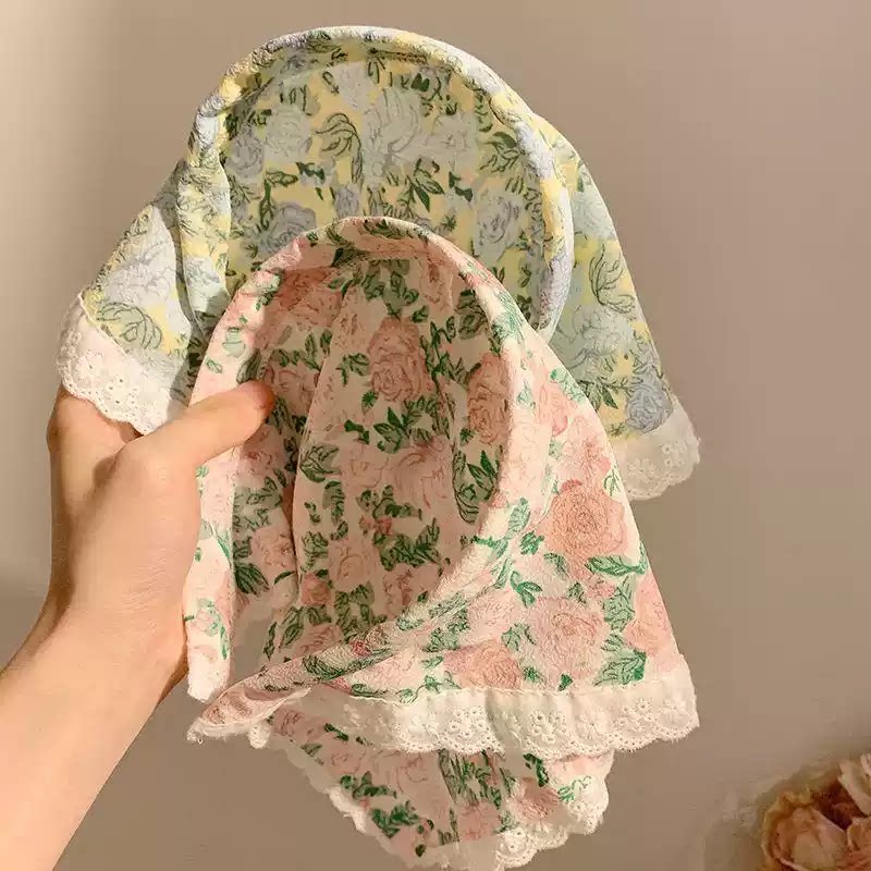 田园风碎花蕾丝发箍头巾一体女款包头三角巾夏季发卡头饰外出百搭