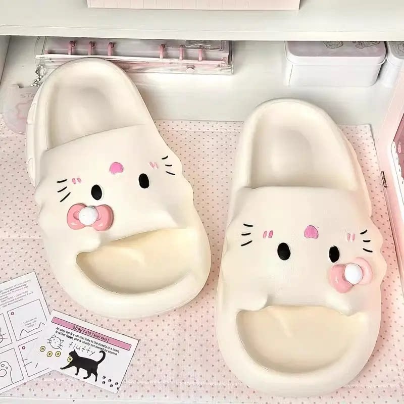 小猫咪拖鞋白色女学生宿舍夏外穿家居室内一字拖洗澡防滑防臭