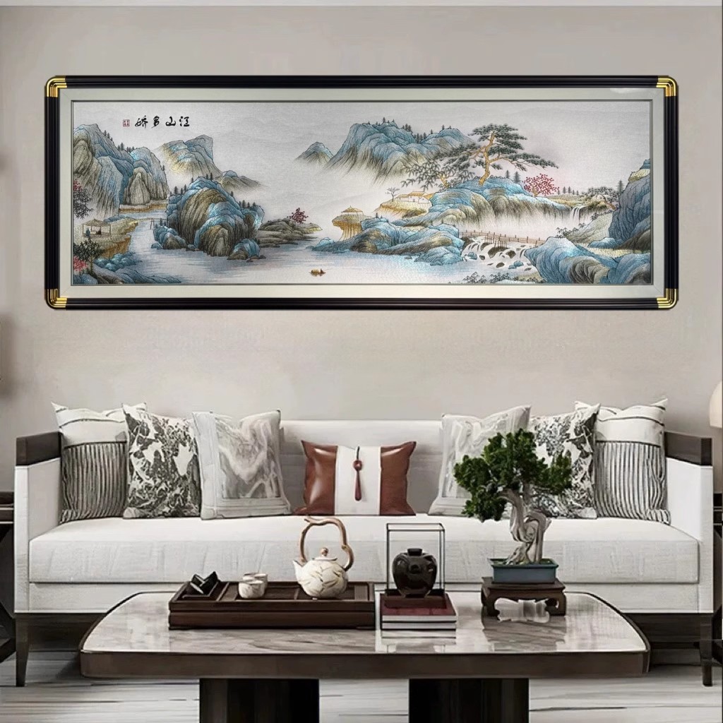 高端织锦绣横幅大匾画客厅沙发背景墙挂画刺绣装饰画钢化玻璃壁画图片