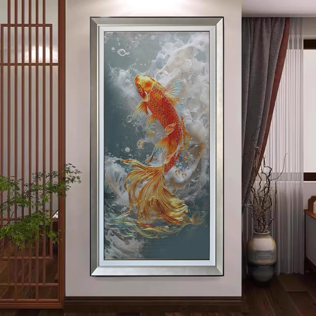 高精密钢护玻璃织锦绣绣珠绣钉锦鲤刺绣画玄关走廊新中式轻奢挂画图片
