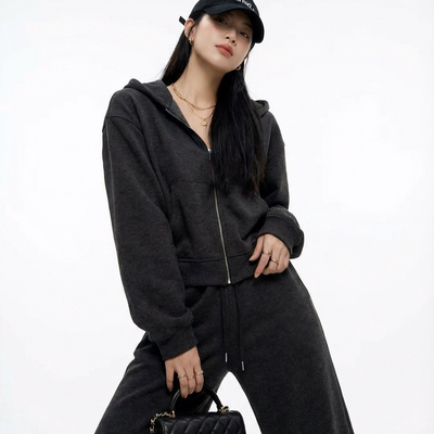 BW 运动风加绒加厚连帽拉链衫卫衣卫裤套装两件套秋冬慵懒灰色