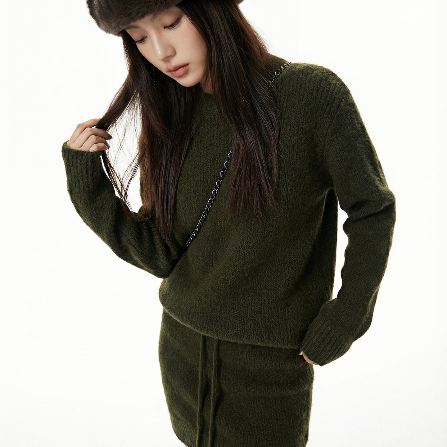 BW 圆领含羊毛打底衫针织衫套装半身裙两件套舒适极简主义墨绿