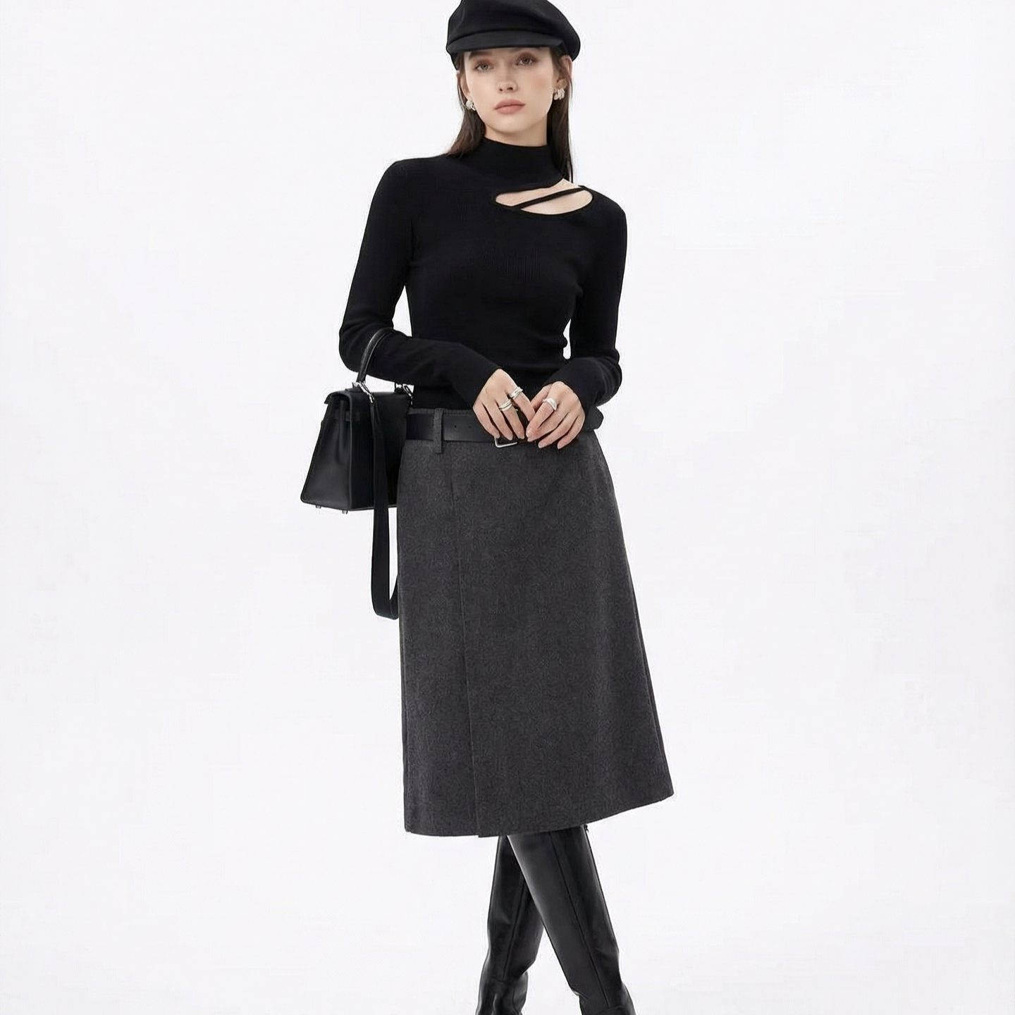 BW修身显瘦镂空小高领不对称打底衫针织衫适极简主义穿搭黑色